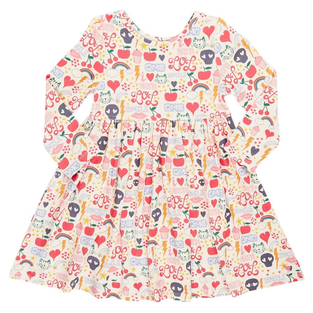 Pink Chicken Girls Long Sleeve Bamboo Steph Twirl Dress in Journal Doodle Sz 7Y